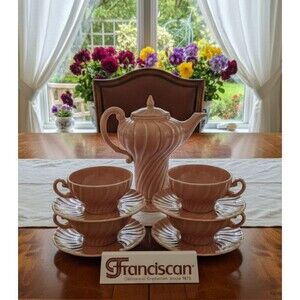 Franciscan Coronado Coral Coffee Tea Pot Carafe & Lid, 4 Cup & Saucer Sets VTG